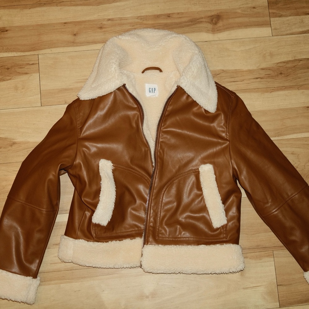 GAP caramel brown pleather bomber jacket